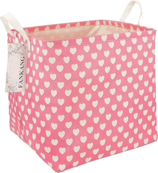 FANKANG Square Nursery Hamper Storage Bins Canvas Laundry Basket Foldable with Waterproof PE Coating Storage Baskets Gift Baskets for Children, Office, Bedroom, Clothes（Square-Pink Heart ）