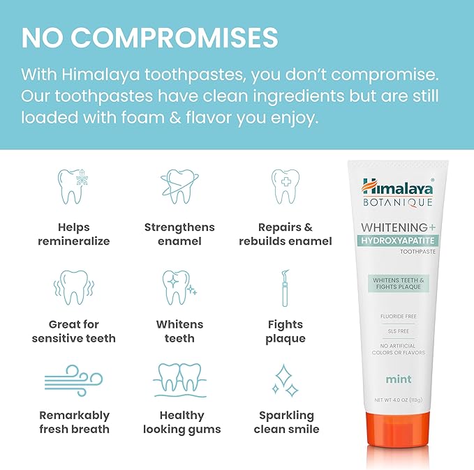 Himalaya Botanique Whitening + Hydroxyapatite Toothpaste for Whiter Teeth & Fresher Breath with Hydroxyapatite Support & Mint Flavor, Fluoride-Free, SLS Free, & Vegan, 4.0 oz (113g)…