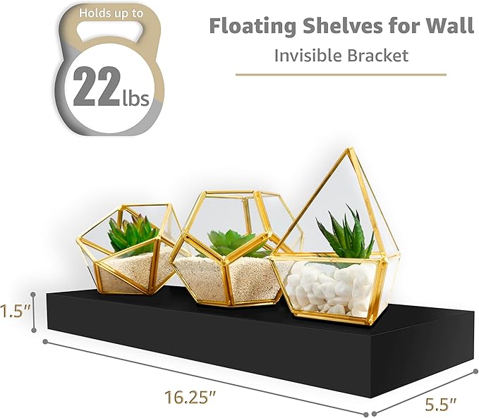 Sorbus Floating Shelves for Wall, Bathroom Shelves Wall Mounted for Kitchen, Bedroom, Living Room, Bathroom Storage, Over Toilet, Hanging Book Shelf for Ｗall Home Decor (Black, 5 Pack)