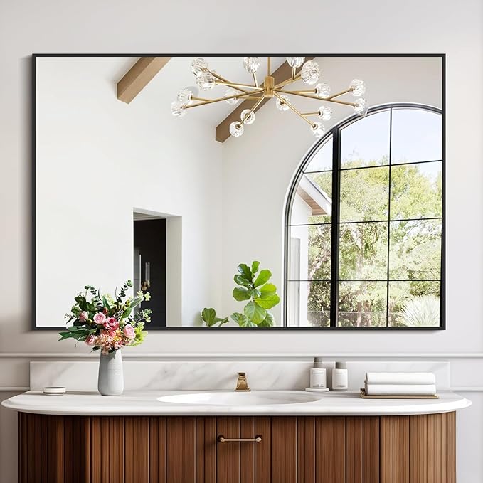 Black Bathroom Mirror for Wall, 30x48 Inch Rectangle Mirrors with Metal Frame, Modern Vanity Wall Mirror Decor for Bathroom Living Room, Entryway Hangs Horizontal or Vertical