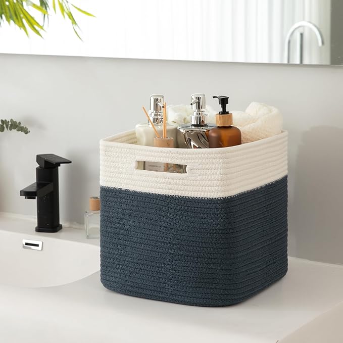 OIAHOMY Cube Storage Basket, 3-Pack Woven Cotton Rope Baskets for Storage, 11-Inch Cube Basket with Handles, Great for Shelves, Closets, Children's Toy Storage and Organization-White & Blue