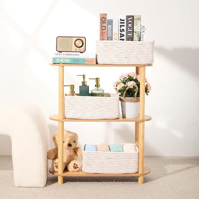 Small Storage Baskets for Organizing | Closet Organizer Bins | Shelf Toy Basket | Woven Rope Baskets | Cube Decorative Box | Shallow Basket | 13x8.5x5.1” | 4 Packs Rainbow