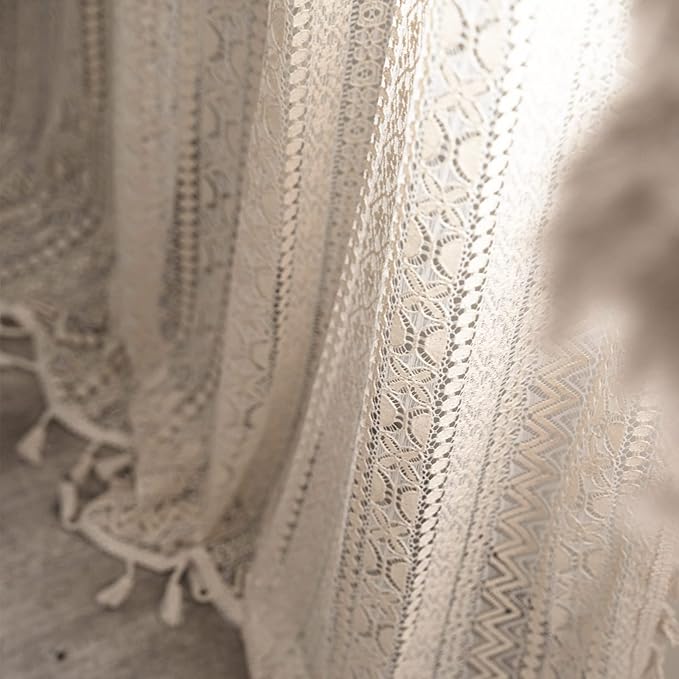 Sutuo Home Crochet Boho Curtain 63 Inches Length, Sheer Lace Handmade Tassels Knitted Window Treatment Vintage Rustic Bohemian Farmhouse Drape for Bedroom Rod Pocket 1 Panel 59" W x 63" L, Beige Wave