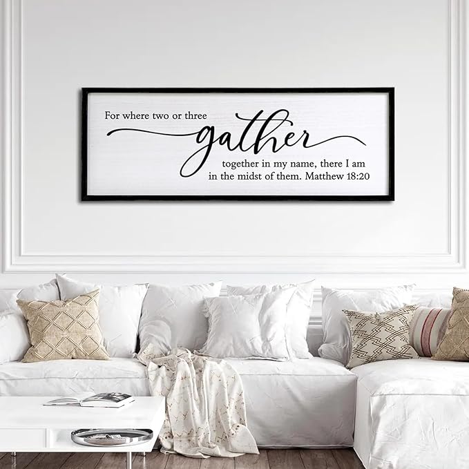 For Where Two or Three Gather in My Name, There I am in the Midst of Them Bible Verse Framed Wall Art, 40''×15'' Rustic Religious Christian Matthew 18:20 Sign, Inspirational Catholic Scripture Decor