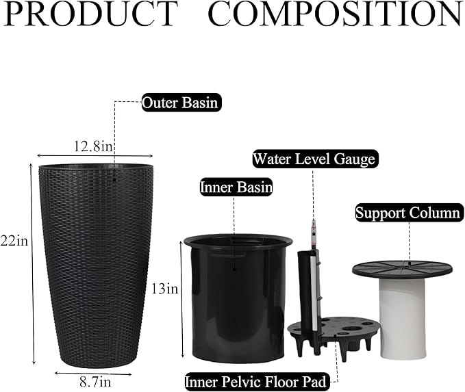 2Pack 22" High Modern Plant Pots Planter-Self-Watering Indoor/Outdoor Planting with Drain Holes, Water Level Monitor, Inner Bucket for Front Porch Patio, Black Rattan Conical