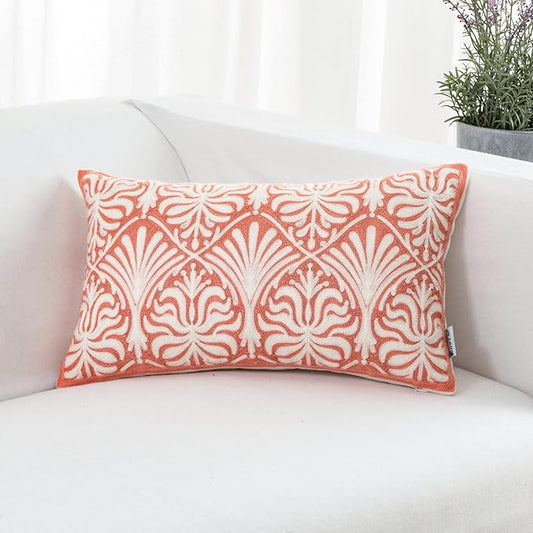 HWY 50 Pink Decorative Lumbar Pillow Cover Rectangle 12x20 Inch (1 Piece), Embroidered Cotton Farmhouse Cushion Cover Pillow Case for Sofa Couch Living Room Bed, Minimalist Floral