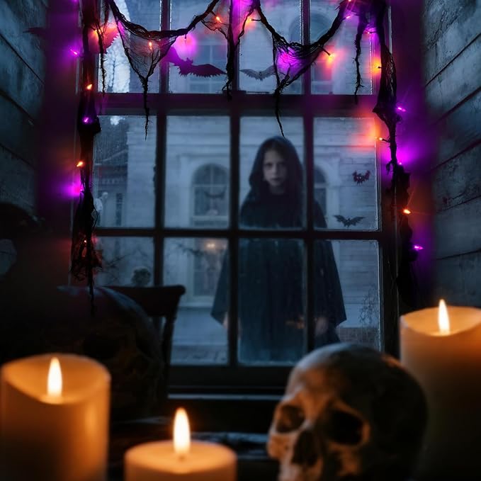 Halloween Horror Atmosphere Lights, Orange&Purple LED String Lights with 9.9FT Creepy Black Gauze, Battery Powered with Timer & 8 Flashing Modes (2 Pack Orange & Purple)