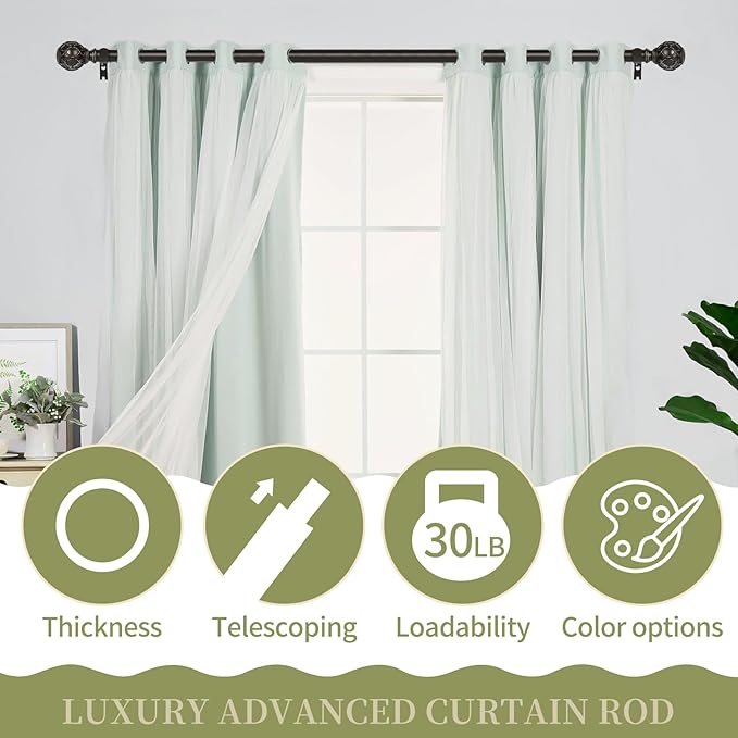 Bronze Farmhouse Curtain Rods for Windows:36-88 Inch Heavy Duty Adjustable Curtain Rod for Bedroom Living Room,Boho Decorative Rustic Drapery Rods with Vintage Coastal Finial,Antique Bronze