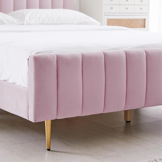 Livinia Twin Size Elton Velvet Platform Bed, Upholstered Bed Frame with Vertical Channel Tufted Headboard Footboard, Strong Wood Slats, No Box Spring Needed, Pink (Twin)