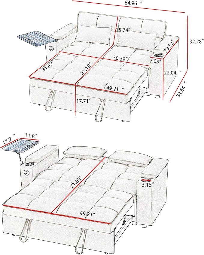 65'' 3-in-1 Folding Convertible Sofa Bed, Pullout Sofa, Modern Chenille Fabric, 360° Swivel Side Table, Easy Assembly, Perfect for Living Room, Black