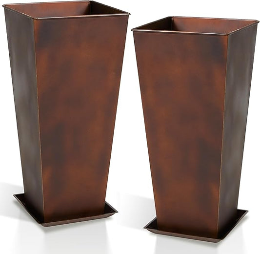 Worth Garden 12" Dia x 28" H Large Metal Planter Set of 2, Matte Bronze Retro Finish Tall Square Tapered Steel Plant Pots, Decor Flower Pots Indoor & Outdoor, Drainage Hole & Dual-Purpose Plant Saucer