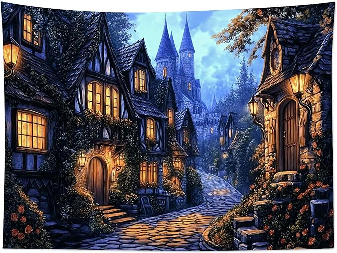 LB Vintage Castle Tapestry, Night Street Old House and Green Tree Wall Tapestry for Bedroom Aesthetic, Village Gothic Wall Art for Living Room Dorm Home Decor Ready to Hanging, 60 x 40 Inches