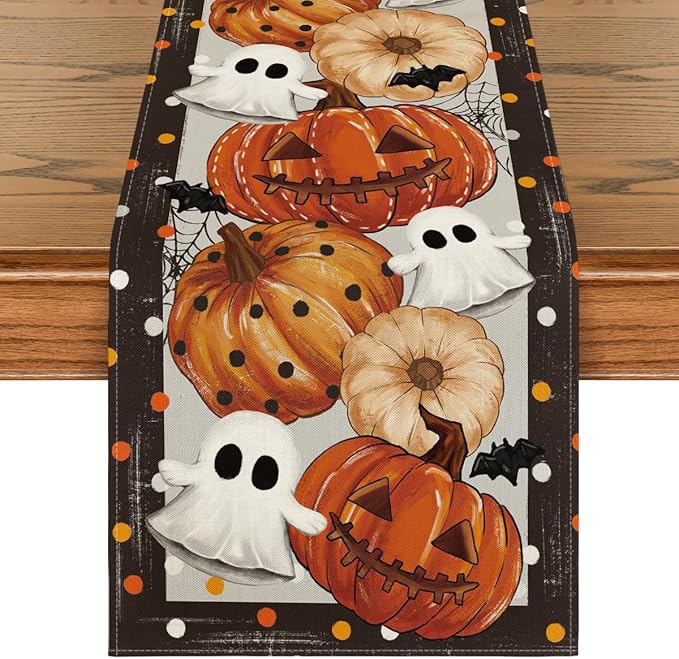 Artoid Mode Jack-O'-Lantern Pumpkin Ghost Spider Web Halloween Table Runner,Holiday Kitchen Dining Table Decoration for Home Party Decor 13 x 108 Inch