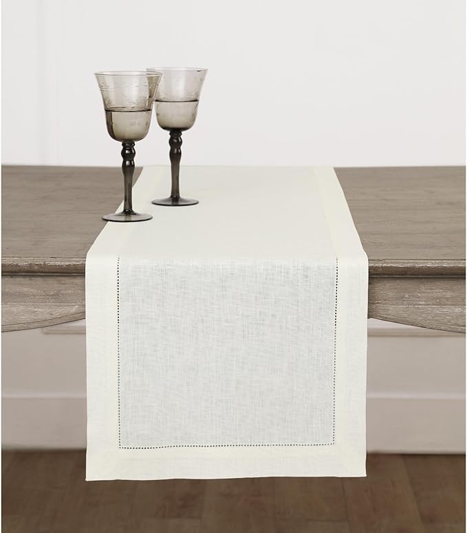 Solino Home Linen Ivory Table Runner 120 Inches Long - 100% Pure Linen 14 x 120 Inch Table Runner for Fall, Autumn, Thanksgiving - Classic Hemstitch