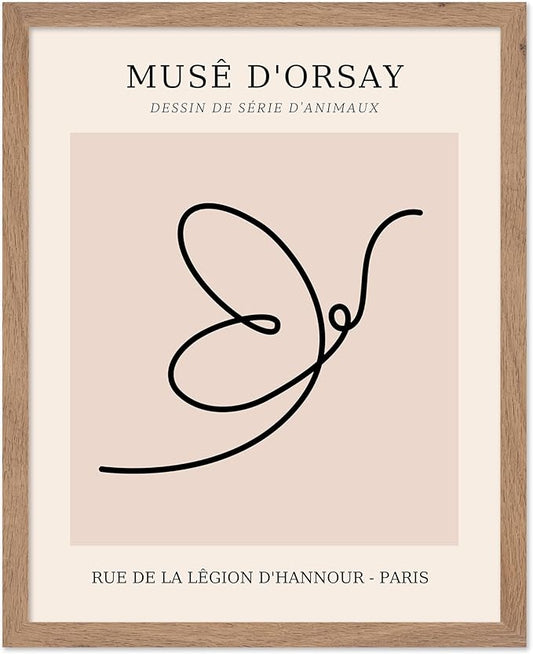 Poster Master Vintage Poster - Retro One Line Butterfly Drawing Print - Butterfly Line Art - Minimal Gift for Him, Her, Animal Lover - Abstract Decor for Home, Office, 11x14 Beige Framed
