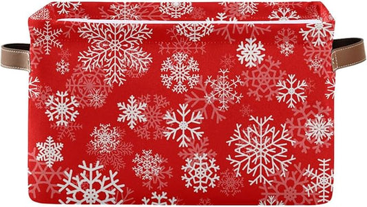 Christmas White Snowflakes on Red Storage Basket Cube Storage Bins Organizer Bag Collapsible Closet Shelf Baskets with handle for Baby Cloth Pet Toy Book 14.2×10.2×8.3 IN