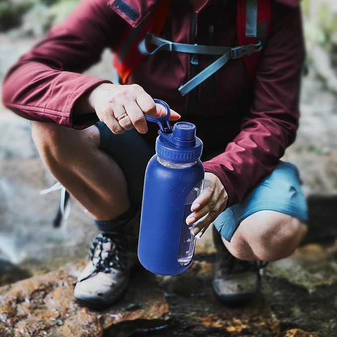 64 oz Glass Water Bottle With Straw and Handle, Half Gallon Sports Motivational Water Jug Flask with Silicone Sleeve, Large Water Cup with Time Marker for Travel, Gym, Dark Blue