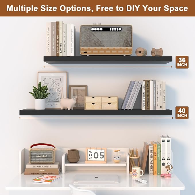 48 Inch Floating Shelf 2 Pack Large Floating Shelves for Wall No Drilling Accessories Included Deep Wall Shelves for Living Room Kitchen Farmhouse 48" W x 12" D x 1.2" Black