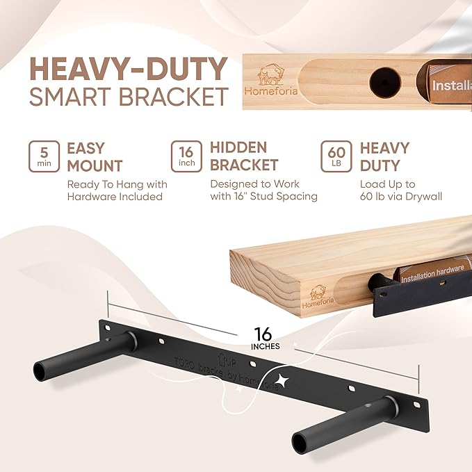 Homeforia 24inch Oak Floating Shelf for Wall, High End Solid Real Wood 24 inches Long Floating Shelves for Bathroom, Honey Oak Wooden Floating Shelves, Heavy Duty Bracket, 24 X 6.5 X 1.75 in, Set of 4