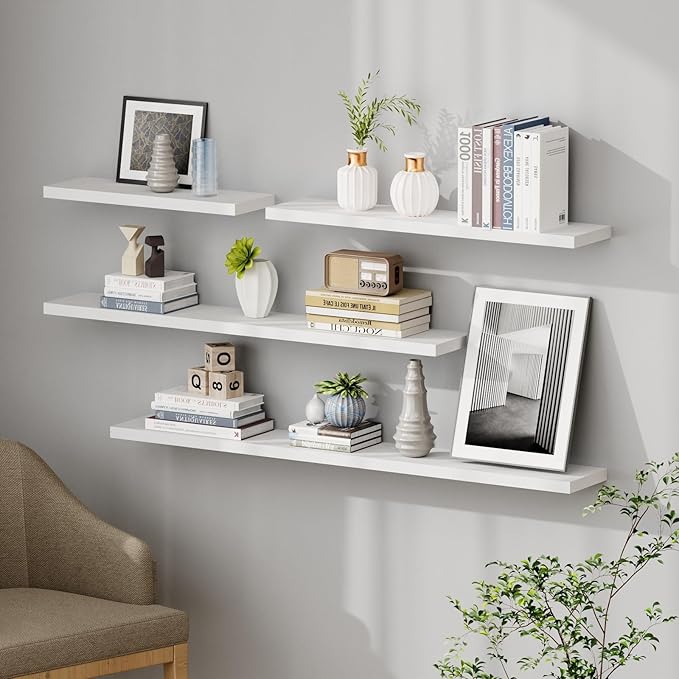 SAUMONIERES Floating Shelves 8 Inch Deep Solid Wood Wide Wall Shelf Set of 2 Wall Mounted for Bedroom Bathroom Living Room Kitchen, 24 Inch White