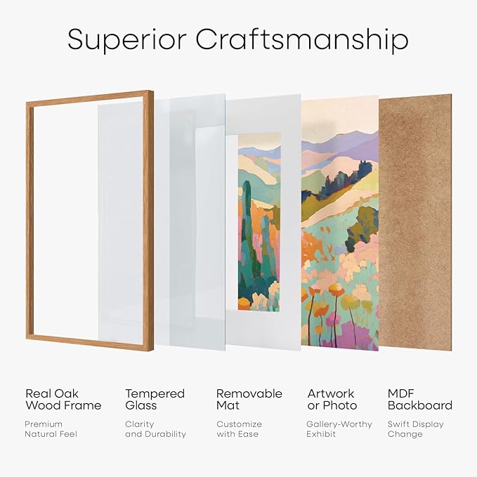 Homeforia 5x7 Picture Frame Wood, High End Natural Oak 5x7 Light Wooden Frames with Mat 4x6 for Photo, 5 x 7 Frame Matted to 4 x 6 Print, 7x5 Wall or Tabletop Frame, Tempered Glass, Wall Kit, Set of 1