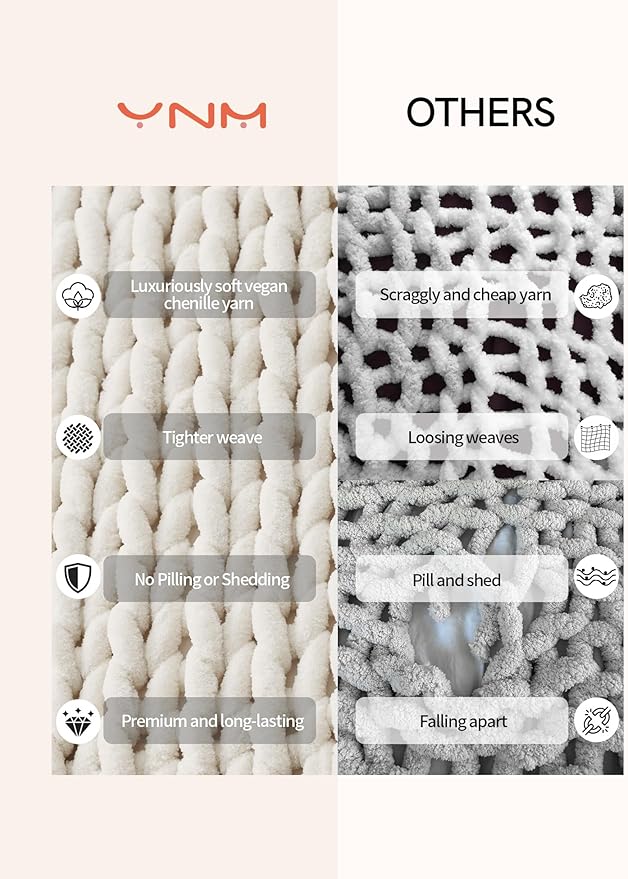 YnM Chunky Throw Blanket, Hand Knitted with Chenille Yarn, Skin Friendly, Ventilated and Breathable, Machine Washable, Home Décor Piece for Couch, Sofa and Bed (Butter Cream, 40x50 Inch)