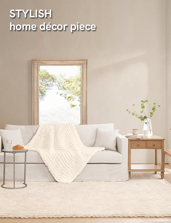 YnM Chunky Throw Blanket, Hand Knitted with Chenille Yarn, Skin Friendly, Ventilated and Breathable, Machine Washable, Home Décor Piece for Couch, Sofa and Bed (Butter Cream, 60x80 Inch)