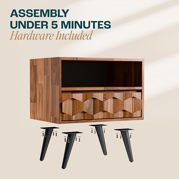 Bme Georgina Solid Wood Nightstand with 1 Drawer & Open Shelf- Fully Assembled Mid Century Modern Side Table - Geometric Pattern Bedside Dresser for Bedroom and Living Room, Dark Chocolate