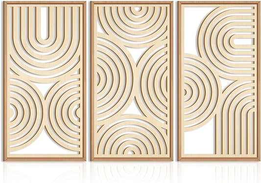 IARTTOP Large Boho Wood Wall Art Set of 3 Framed Wooden Mid-century Modern Wall Decor Minimalist Modern Abstract Geometric Decor for Living Room Bedroom Office-16x32 Inch