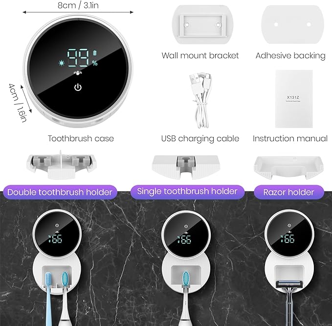 Toothbrush Holder and Cleaner for Bathroom,Minimalist Desktop and Wall Mounted Electric Toothbrush Razor Holder, Automatic Open Close Cover, Clean, Dry for Home Business Travel