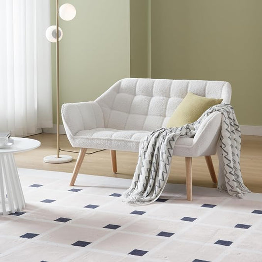 48" Small Loveseat Sofa, Modern Sherpa Mini Sofa Couch 2-Seater Fluffy Love Seat with Quilting Backs and Wood Legs for Living Room, Bedroom and Small Space, White