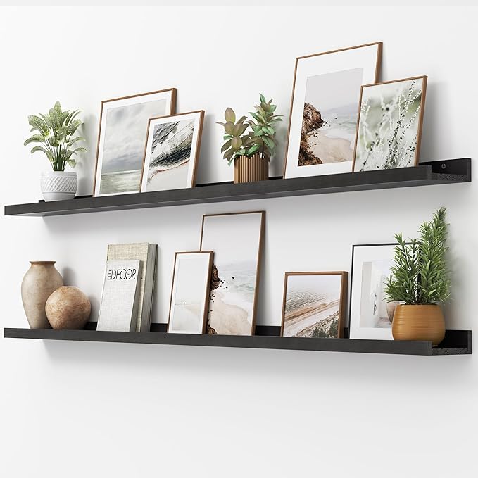 Picture Ledge Shelf, Floating Shelves Set of 2, Solid Pine Wood 72'' Long Large Nursery Book Shelves for Toys Storage, Kids Bookshelf for Living Room Bedroom Decor Books Photo Frames, Black