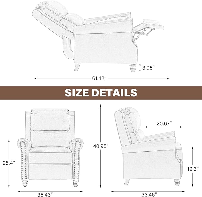 UIXE Pushback Recliner Chair, Faux Leather Armchair Push Back Accent Chair, Rivet Trim Club Chair Home Theater Overstuffed Single Sofa Reading Seat for Living Room, Gray
