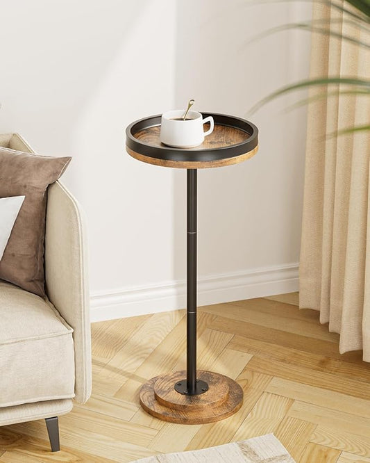 Masupu Drink Table, Round Side Table for Small Spaces, Pedestal Small End Table with Metal Base, for Living Room, Bedroom, Bathroom, Rustic Brown+Black(Lip)