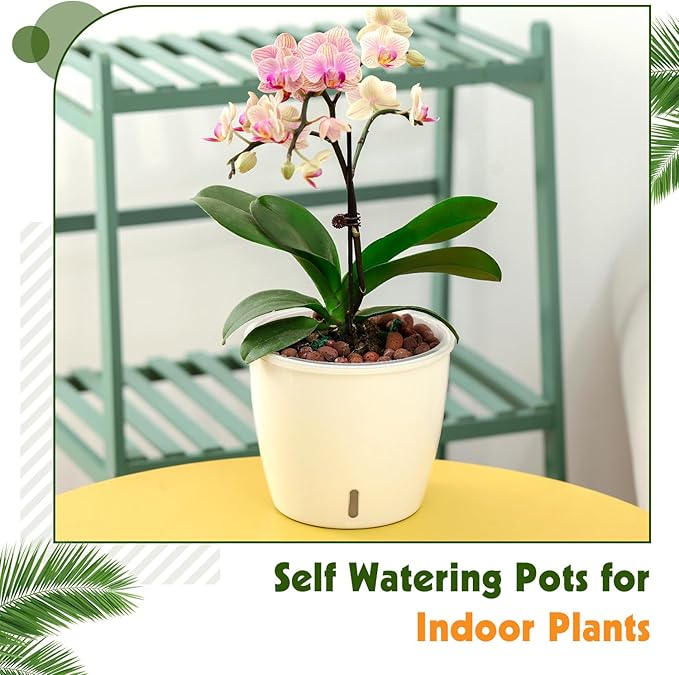 Self Watering Pots for Indoor Plants, 8-Pack 5'' Self Watering Planter with Drainage Holes, Small African Violet Pots with Water Level Indicator, Clear Wick Pot, White/Black