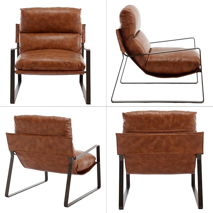 DUOMAY Mid-Century Accent Chairs Set of 2, Comfy PU Leather Leisure Chairs Lazy Chairs with Brozen Metal Leg for Living Room Bedroom Office Apartment, Brown