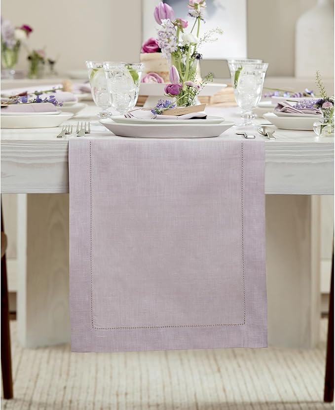Solino Home Linen Lilac Table Runner 72 Inches Long - 100% Pure Linen Hemstitch Table Runner 14 x 72 Inch for Dresser, Dining - Classic Hemstitch
