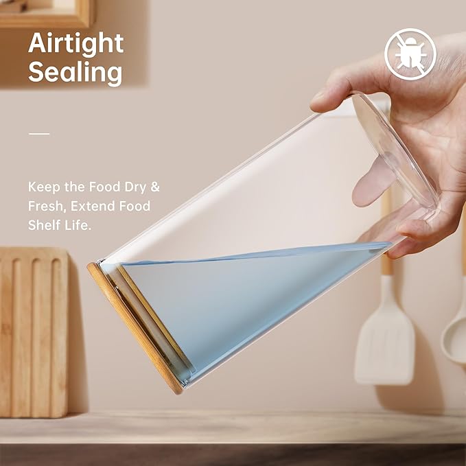 21oz - 4 Pack Square Glass Jars with Bamboo Lids, Glass Food Storage Containers with Airtight Lids, Air Tight Pantry Storage Containers for Coffee, Sugar, Spice, Meal Prep Jars for Salad & Fruit