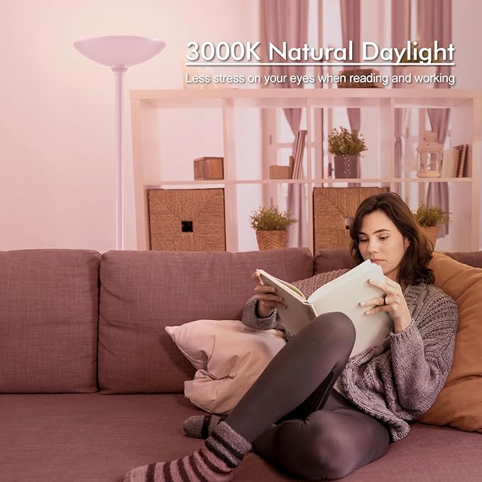 BoostArea Torchiere Floor Lamp Pink, 30W Super Bright LED Standing Lamp, 3000K Stepless Dimmable Pole Lamp with Rotary Switch, 71inch Tall Metal Modern Floor Lamps for Living Room,Bedroom,Home Decor