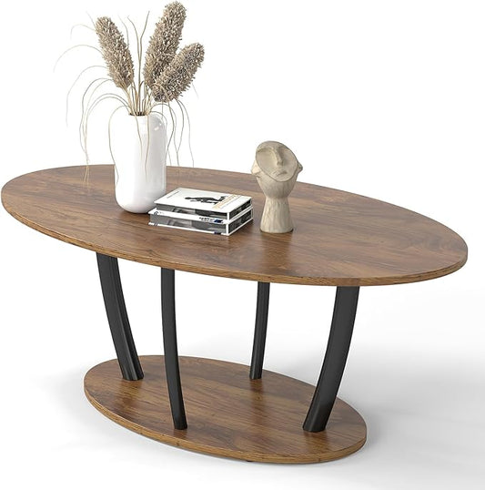 Manora Small Oval Coffee Table with Storage, Farmhouse Industrial Center Table for Living Room, Vintage Tea Table for Small Spaces, Rustic Brown