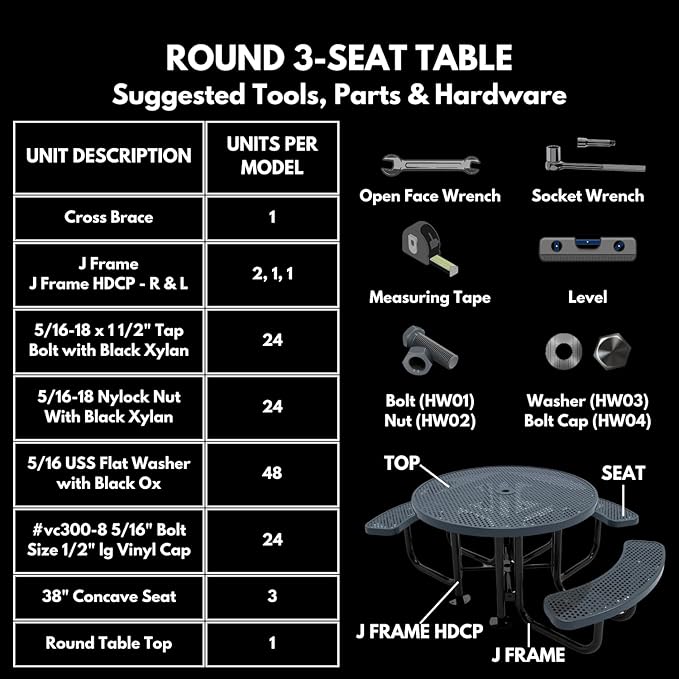 Heavy-Duty Portable Outdoor Picnic Table with Umbrella Hole, Punched Steel Patio Dining Furniture Made in America (46" Round Top, Light Blue)