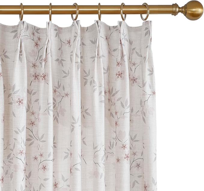Pink Floral Pinch Pleated Linen Curtains - 2 Panels of Privacy Light-Filtering Printed Curtains Suitable for Dining Rooms and Farmhouses.60 Inches Wide by 90 Inches Long