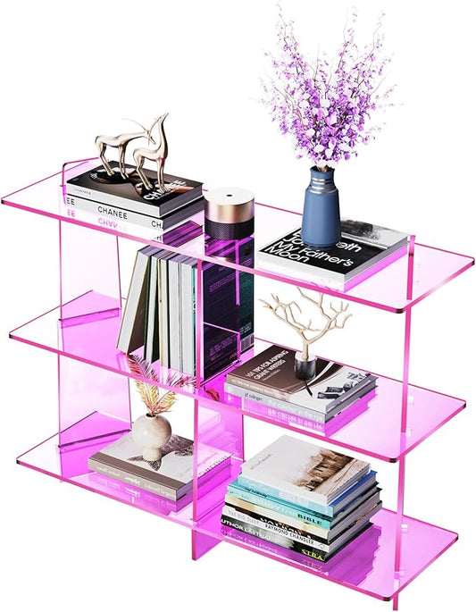 Acrylic Bookshelf, Small 3 Tier Open Bookcase for Small Spaces,Sofa Table, Hallway Entry Table for Home Living Room (Pink, 39.4'' x 11.8'' x 31.5'')