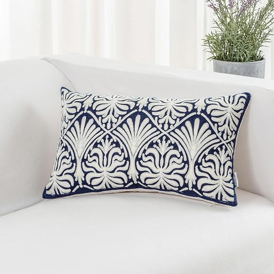 HWY 50 Navy Blue Decorative Lumbar Pillow Cover Rectangle 12x20 Inch (1 Piece), Embroidered Cotton Farmhouse Cushion Cover Pillow Case for Sofa Couch Living Room Bed, Minimalist Floral