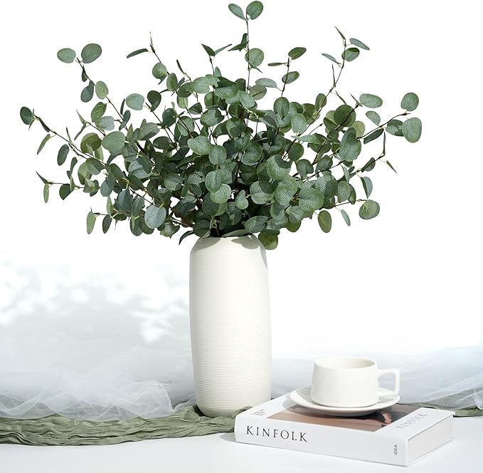6Pcs Faux Eucalyptus Stems, 27" Artificial Eucalyptus Plants with White Frosted Coating, Fake Eucalyptus Decor Silk Greenery Leaves for Wedding Bouquets Home Decor DIY Floral Arrangements