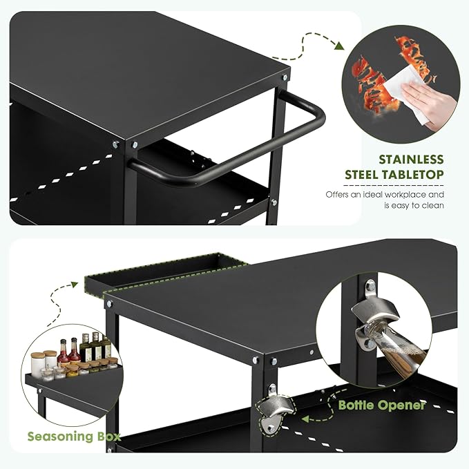 Outdoor Grill Cart Table,Indoor and Outdoor Pizza Oven Table,with 4 Movable Total Lock Casters, Hooks, Side Handle Multifunctional (Black)