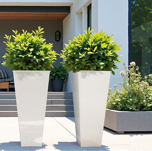 Worth Garden 28" H. Large Metal Glazed Planter Set of 2, Modern Glossy Finish White Tall Square Tapered Steel Flower Plant Pots for Indoor & Outdoor Use - Insert Plate with Drain Holes, Air Vents