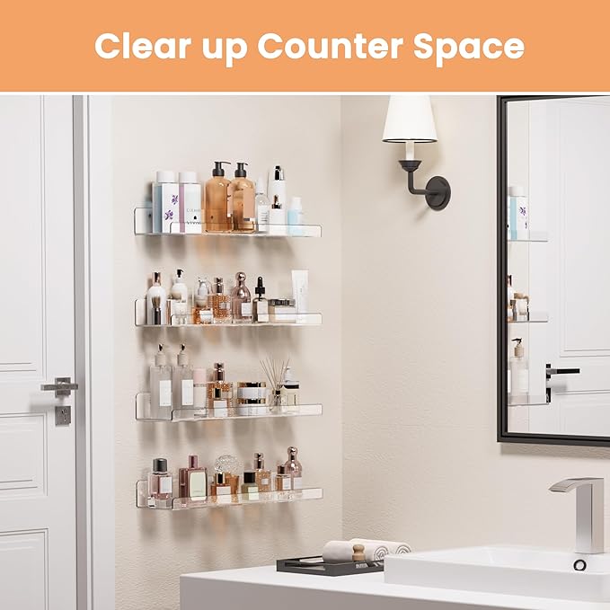 upsimples 4 Pack Acrylic Shelves for Wall Storage, 15" Floating Bookshelves for Kids, Display Shelf Organizer for Bathroom, Bedroom, Living Room, Kitchen, Room Decor, Clear