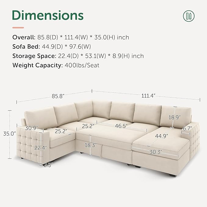 HONBAY Sectional Couch with Pull Out Bed, Sectional Sleeper Sofa with Storage, U Shape Couches for Living Room, Velvet Beige