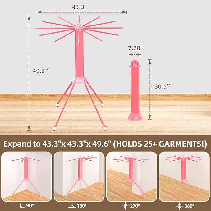 Clothes Drying Rack Foldable & Collapsible Drying Racks with 4-Leg Octopus Design, Large Capacity Space Saving Indoor Drying Rack for Bedroom,Balcony,Laundry for Indoor/Outdoor Use（Pink）